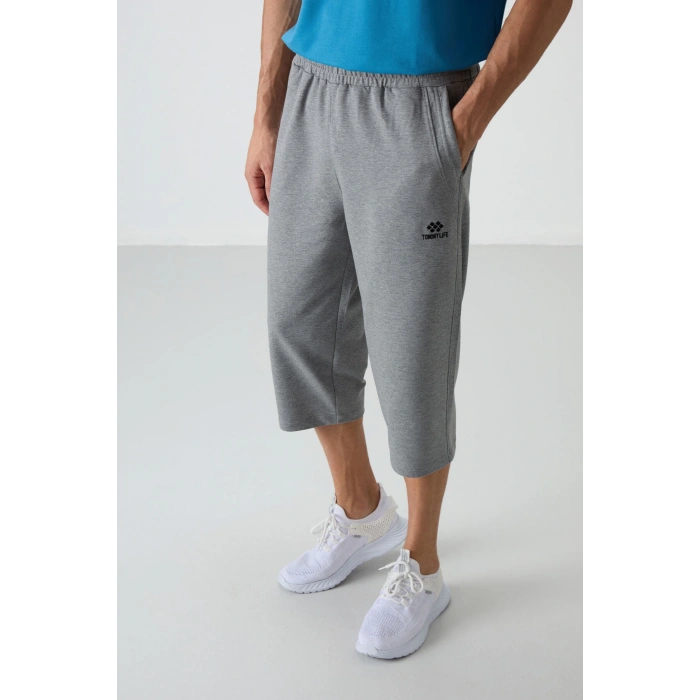 Tommy Lıfe Gri Melanj Pamuklu Yumuşak Dokulu Standart Fit Nakışlı Erkek Kapri - 83102