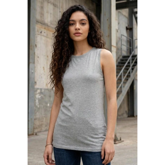 Gri Melanj Slim Fit Basic O Yaka Sıfır Kol Kadın Atlet - 97313