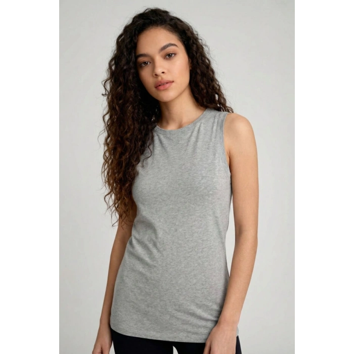 Gri Melanj Slim Fit Basic O Yaka Sıfır Kol Kadın Atlet - 97313