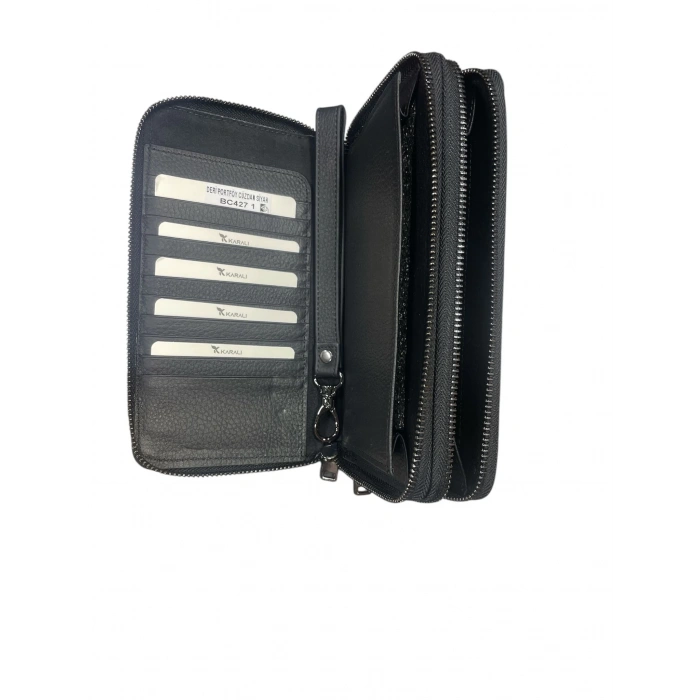 Karali Hakiki Deri Portföy Cüzdan Siyah BC427-1