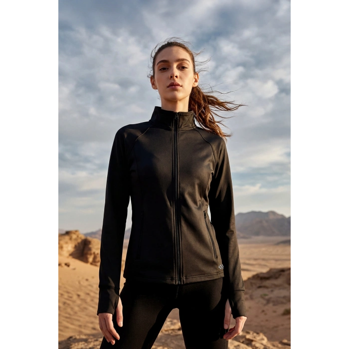 Tommy Life Dik Yaka Basic Rahat Form Kadın Koşu Ceketi Fermuarlı Siyah 97310