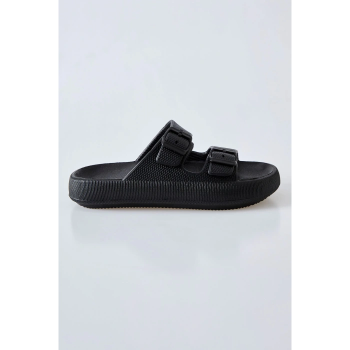 Tommy Life Siyah Yüksek Tabanlı Çift Tokalı Erkek Terlik -89302