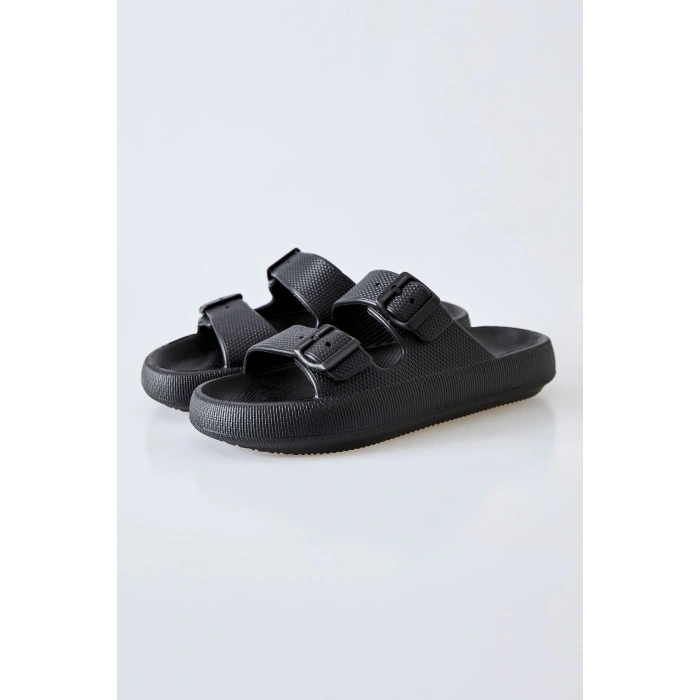 Tommy Life Siyah Yüksek Tabanlı Çift Tokalı Erkek Terlik -89302