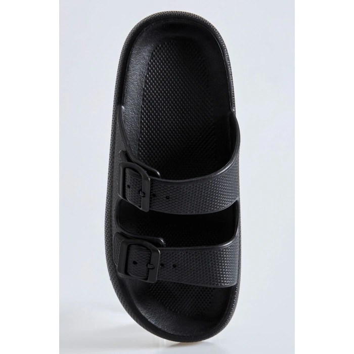 Tommy Life Siyah Yüksek Tabanlı Çift Tokalı Erkek Terlik -89302