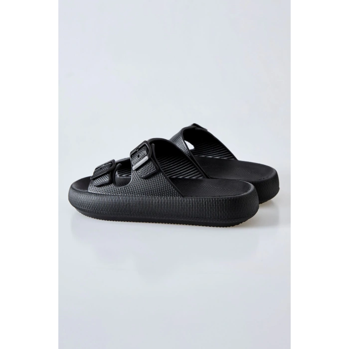 Tommy Life Siyah Yüksek Tabanlı Çift Tokalı Erkek Terlik -89302