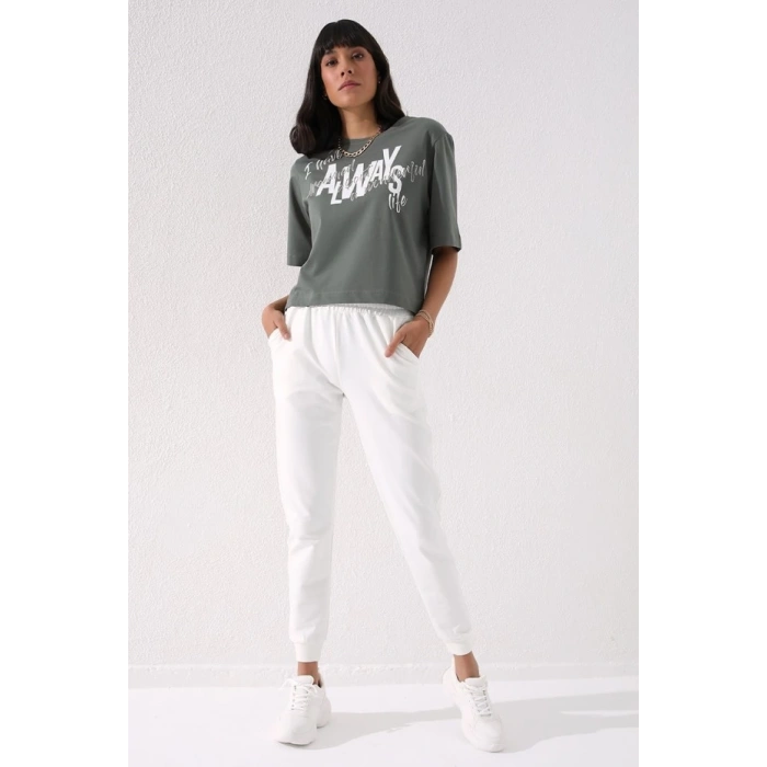 TOMMY LIFE Ekru Yüksek Bel Jogger Kadın Eşofman Alt - 94561