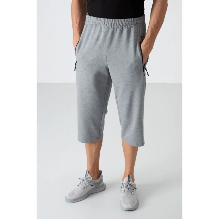TOMMY LIFE Gri Melanj Fermuar Cepli Standart Kalıp Klasik Paça Erkek Kapri 83090