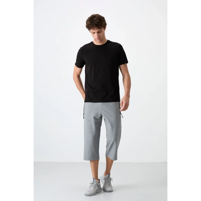 TOMMY LIFE Gri Melanj Fermuar Cepli Standart Kalıp Klasik Paça Erkek Kapri 83090