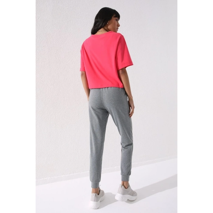 Tommy Life Gri Melanj Yüksek Bel Jogger Kadın Eşofman Alt - 94561