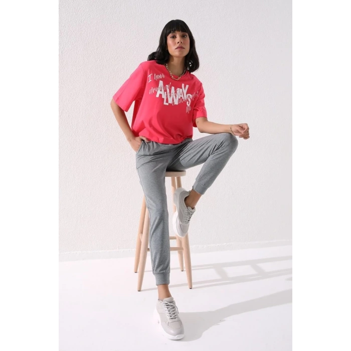 Tommy Life Gri Melanj Yüksek Bel Jogger Kadın Eşofman Alt - 94561