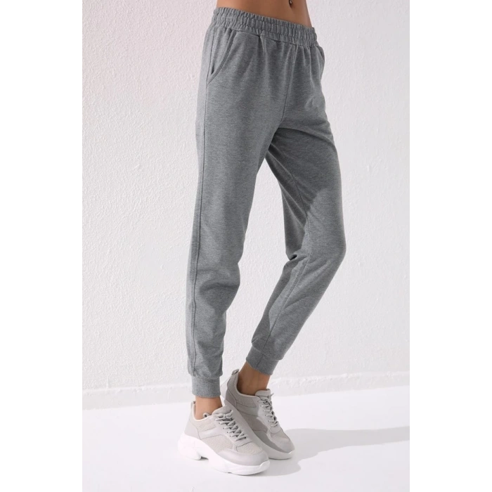 Tommy Life Gri Melanj Yüksek Bel Jogger Kadın Eşofman Alt - 94561