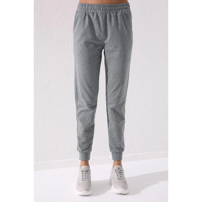 Tommy Life Gri Melanj Yüksek Bel Jogger Kadın Eşofman Alt - 94561