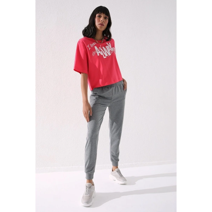 Tommy Life Gri Melanj Yüksek Bel Jogger Kadın Eşofman Alt - 94561