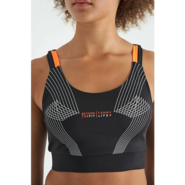 Tommy Life Siyah Baskılı Sırt Çapraz Detaylı Dalgıç Kumaş Dar Kalıp Kadın Büstiyer - 97273