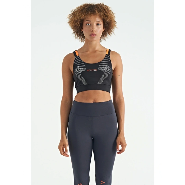 Tommy Life Siyah Baskılı Sırt Çapraz Detaylı Dalgıç Kumaş Dar Kalıp Kadın Büstiyer - 97273