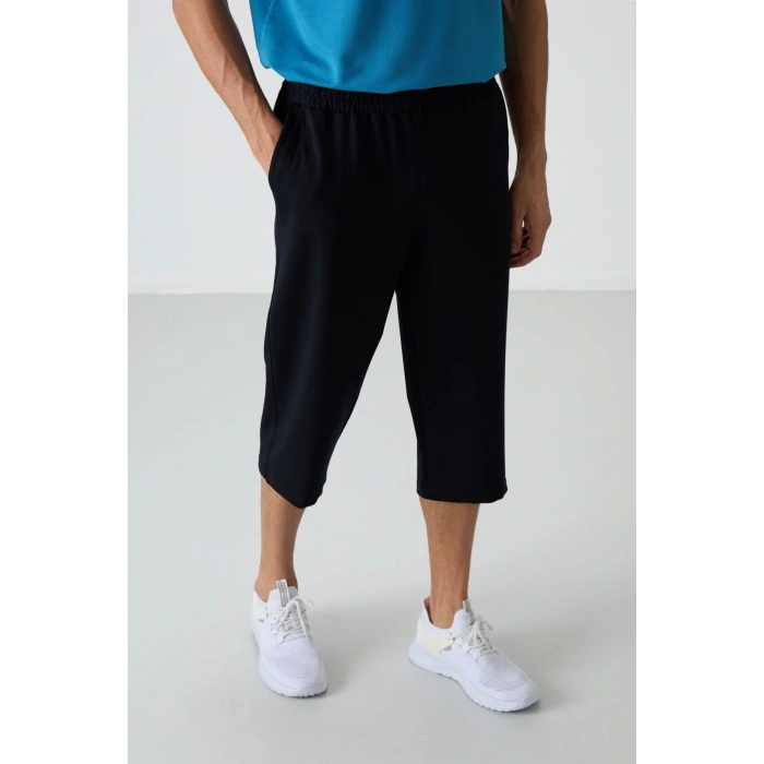 TOMMY LIFE Siyah Pamuklu Yumuşak Dokulu Standart Fit Nakışlı Erkek Kapri - 83102