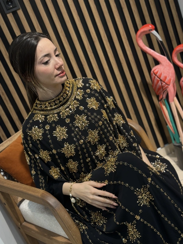 Gold İşlemeli Şifon Abaya