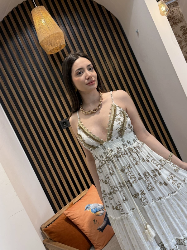 Livia Gold İşlemeli Ekru Maxi Elbise