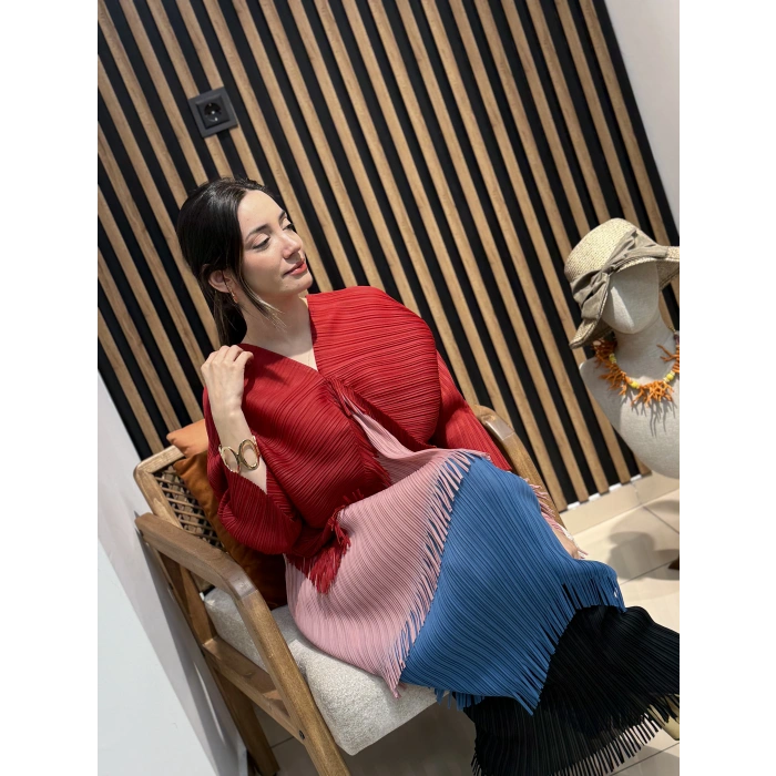 Aura Pliseli V Yaka Şal Form Elbise