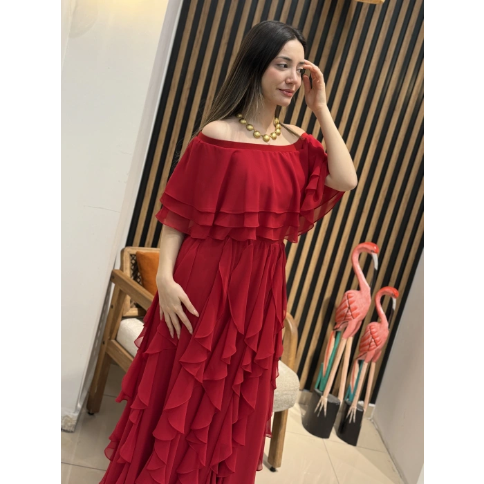 Flamenco Omuz Dekolteli Volanlı Şifon Elbise