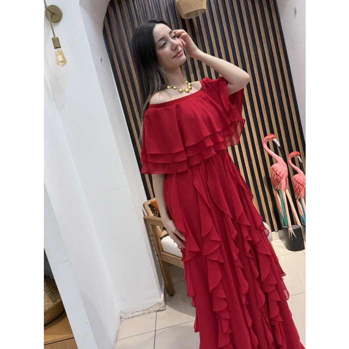 Flamenco Omuz Dekolteli Volanlı Şifon Elbise