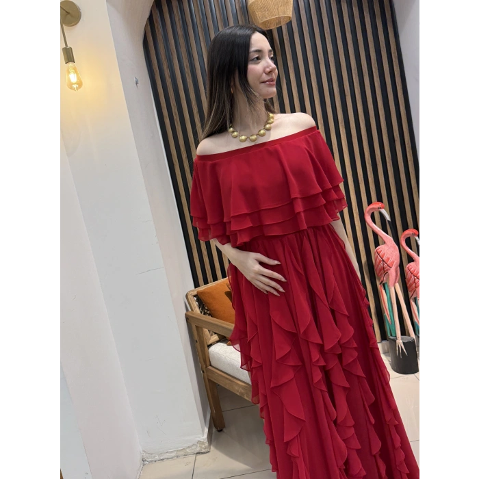 Flamenco Omuz Dekolteli Volanlı Şifon Elbise