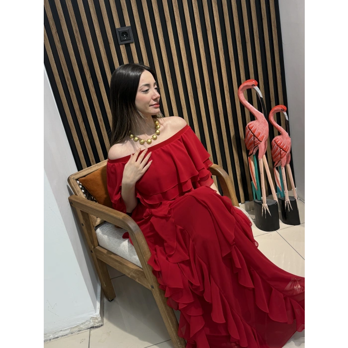 Flamenco Omuz Dekolteli Volanlı Şifon Elbise