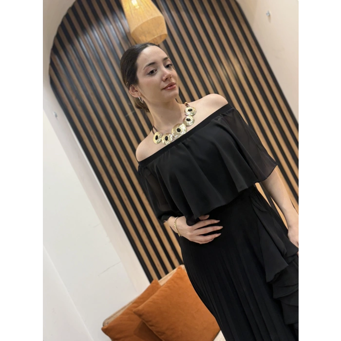 Mila Omuz Dekolteli Pliseli Şifon Elbise