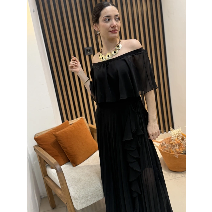 Mila Omuz Dekolteli Pliseli Şifon Elbise