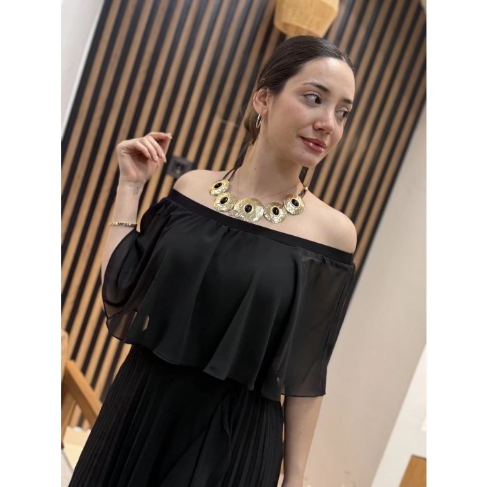 Mila Omuz Dekolteli Pliseli Şifon Elbise