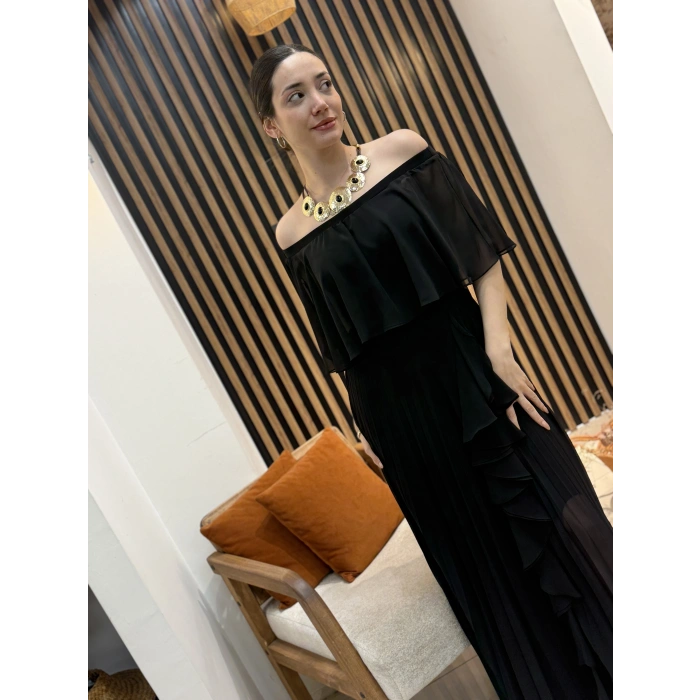 Mila Omuz Dekolteli Pliseli Şifon Elbise