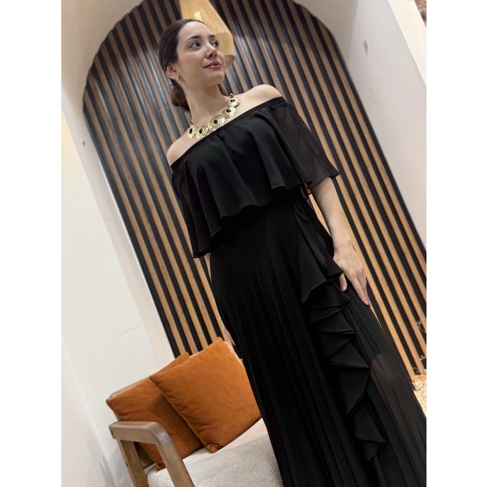 Mila Omuz Dekolteli Pliseli Şifon Elbise