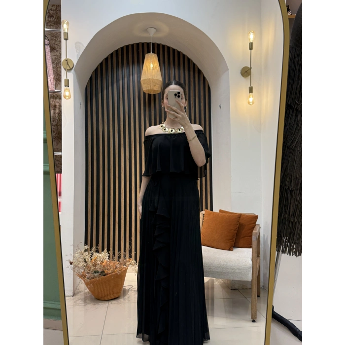 Mila Omuz Dekolteli Pliseli Şifon Elbise