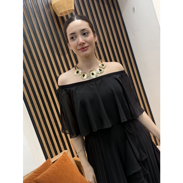 Mila Omuz Dekolteli Pliseli Şifon Elbise