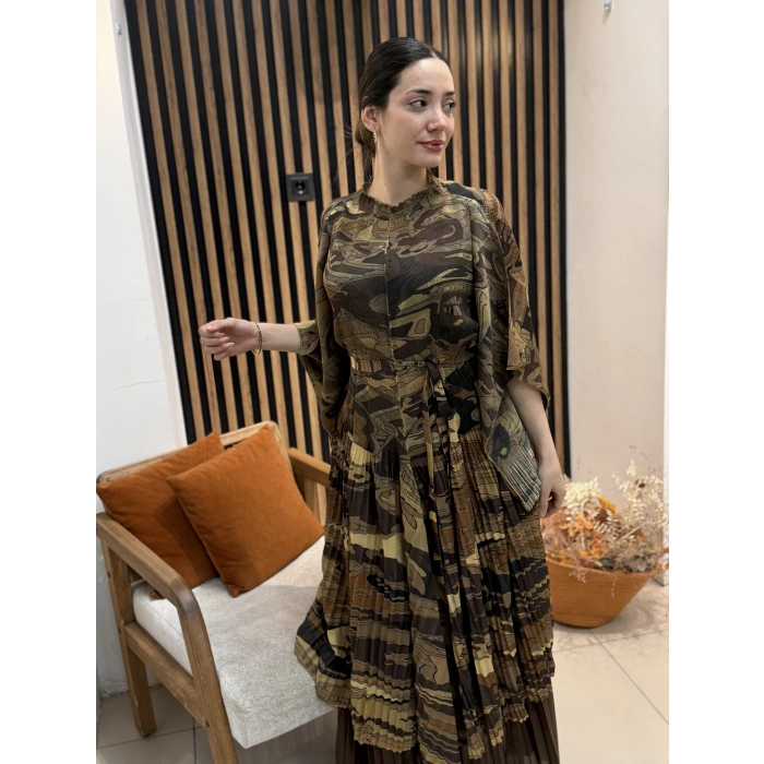 İthal Lora Desenli Şifon İkili Takım (Etek Pantolonlu)