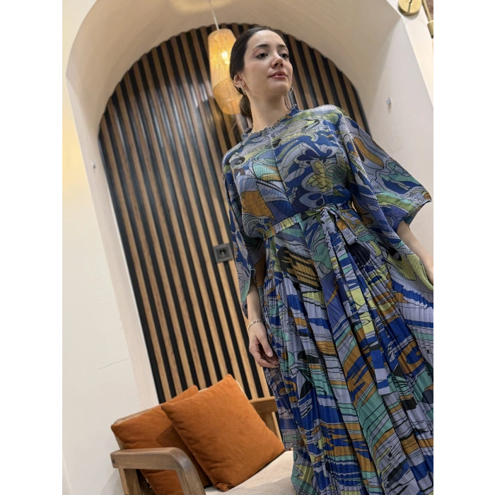 İthal Lora Desenli Şifon İkili Takım (Etek Pantolonlu)