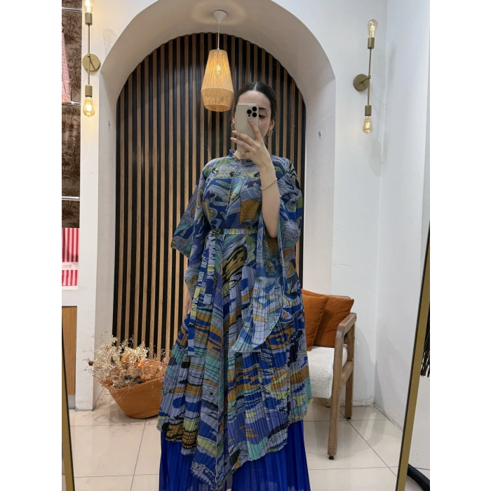 İthal Lora Desenli Şifon İkili Takım (Etek Pantolonlu)