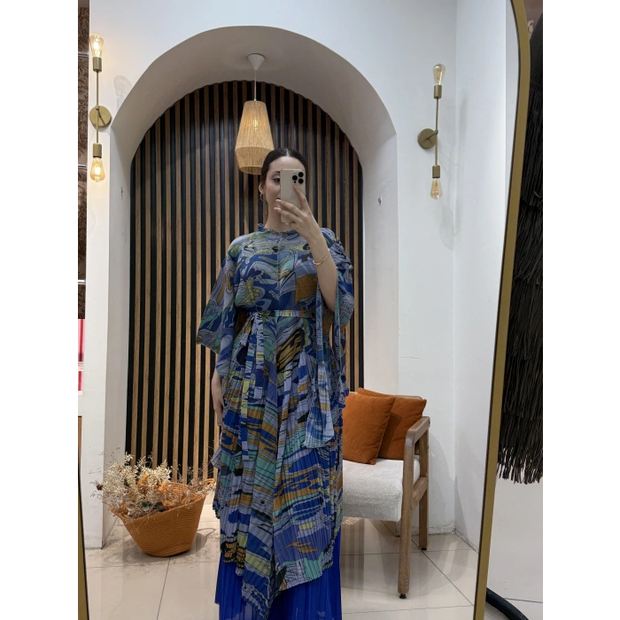 İthal Lora Desenli Şifon İkili Takım (Etek Pantolonlu)