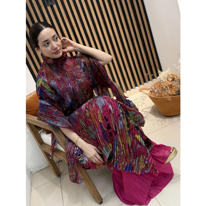 İthal Hera Desenli Şifon İkili Takım (Etek Pantolonlu)