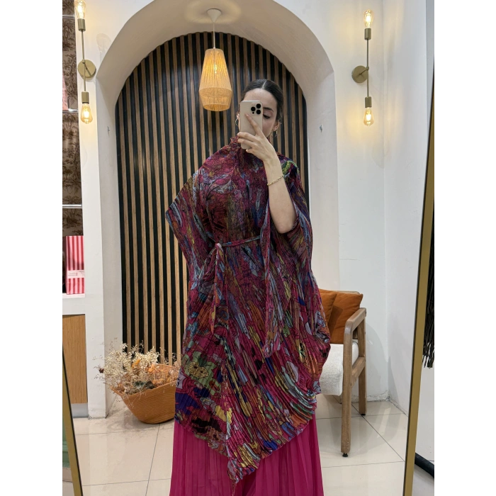 İthal Hera Desenli Şifon İkili Takım (Etek Pantolonlu)