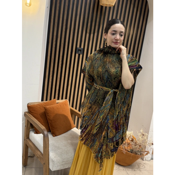 İthal Hera Desenli Şifon İkili Takım (Etek Pantolonlu)