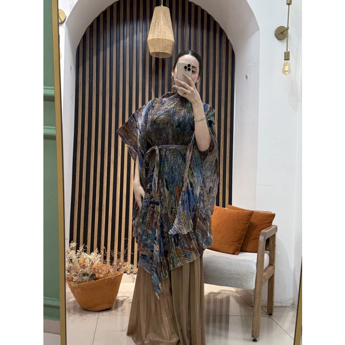 İthal Hera Desenli Şifon İkili Takım (Etek Pantolonlu)