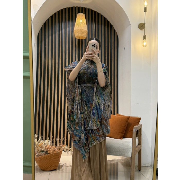 İthal Hera Desenli Şifon İkili Takım (Etek Pantolonlu)