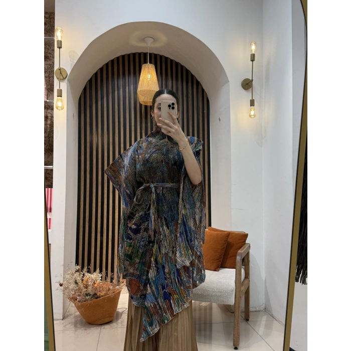 İthal Hera Desenli Şifon İkili Takım (Etek Pantolonlu)