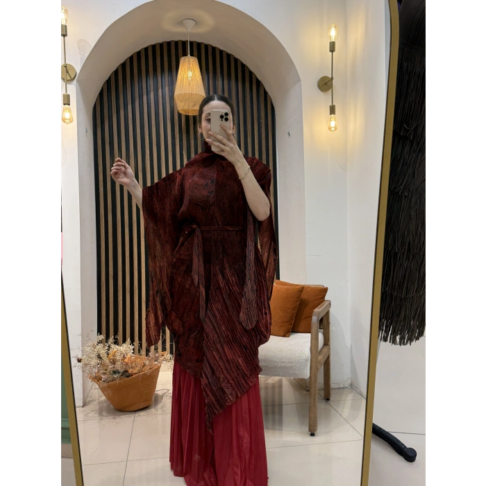 İthal Hera Desenli Şifon İkili Takım (Etek Pantolonlu)