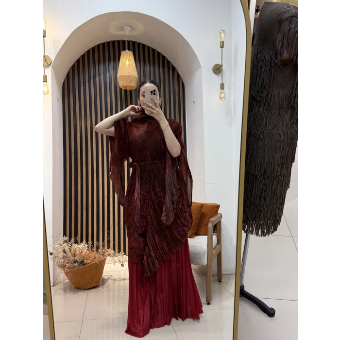 İthal Hera Desenli Şifon İkili Takım (Etek Pantolonlu)