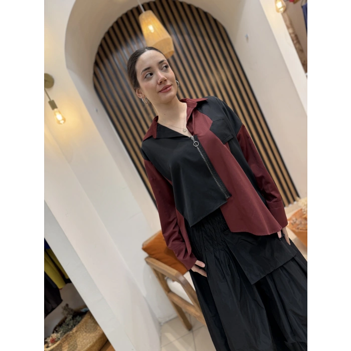 Asimetrik Fermuarlı Tasarım Gömlek (Siyah-Bordo)