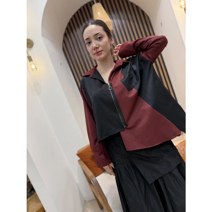 Asimetrik Fermuarlı Tasarım Gömlek (Siyah-Bordo)