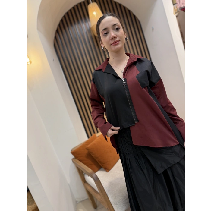 Asimetrik Fermuarlı Tasarım Gömlek (Siyah-Bordo)