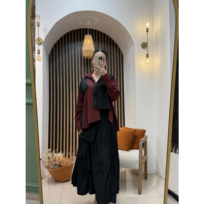 Asimetrik Fermuarlı Tasarım Gömlek (Siyah-Bordo)